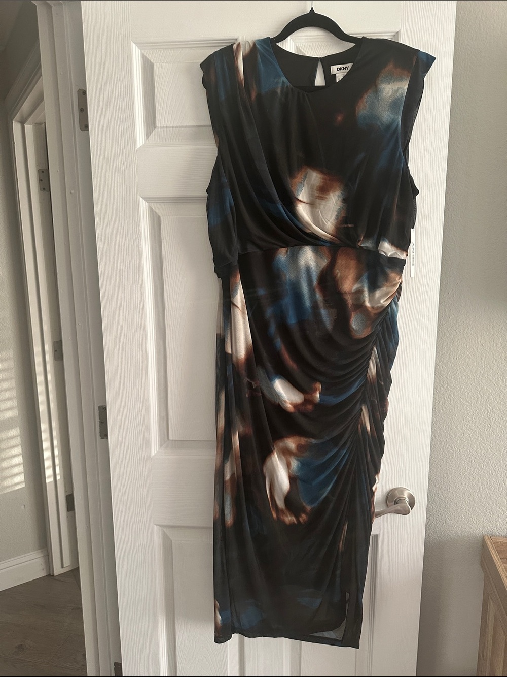 DKNY Multi Color Abstract Ruched Midi Dress